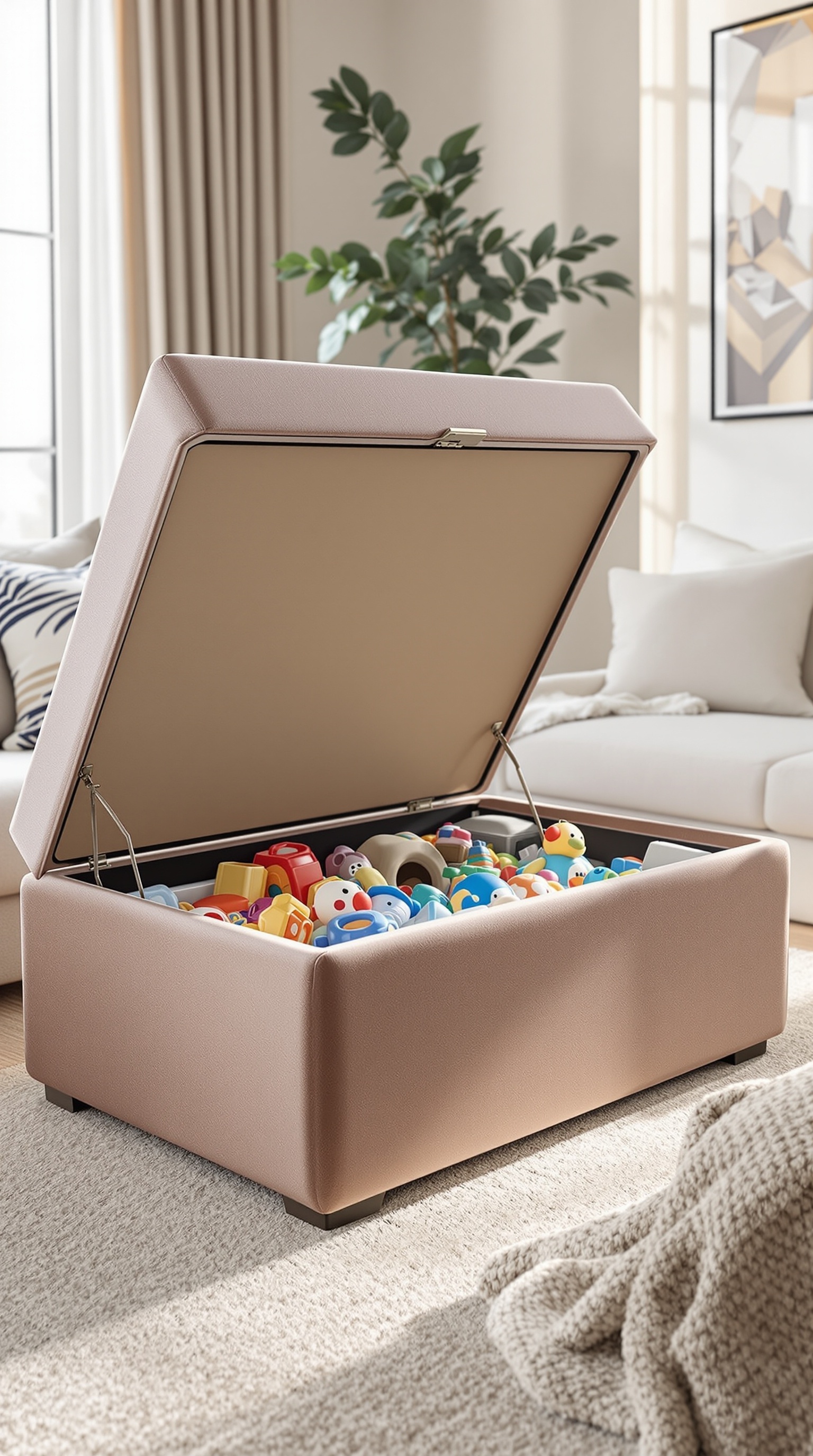 A multi-functional ottoman with hidden storage, filled with colorful toys, in a cozy living room setting.