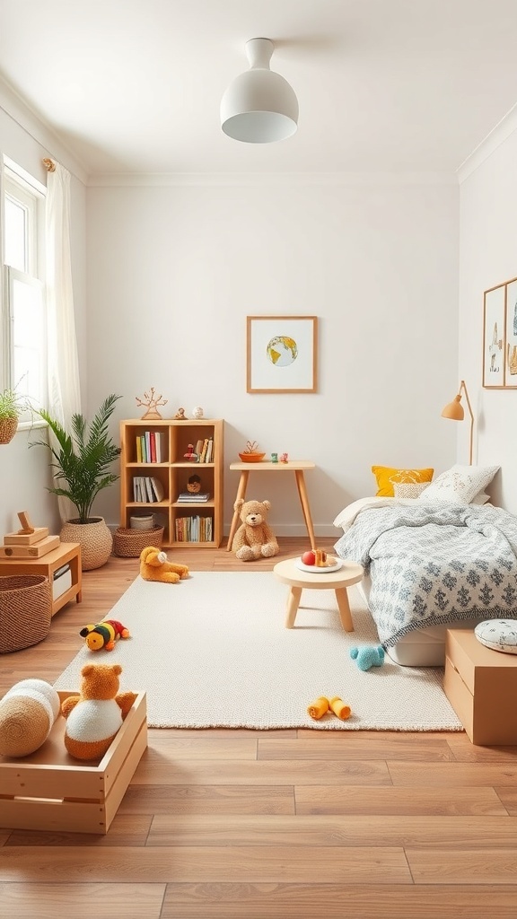 A bright and inviting kids bedroom with a cozy bed, playful rug, and storage for toys.