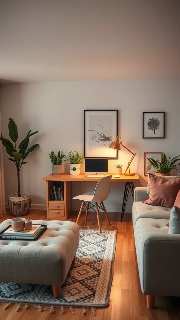 A cozy living room featuring a sofa, ottoman, desk with a computer, and plants.