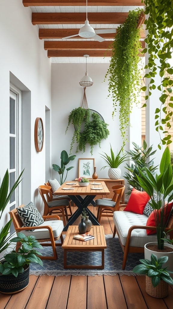 A narrow balcony featuring wooden furniture, vibrant cushions, and lush greenery, creating a multi-functional space.