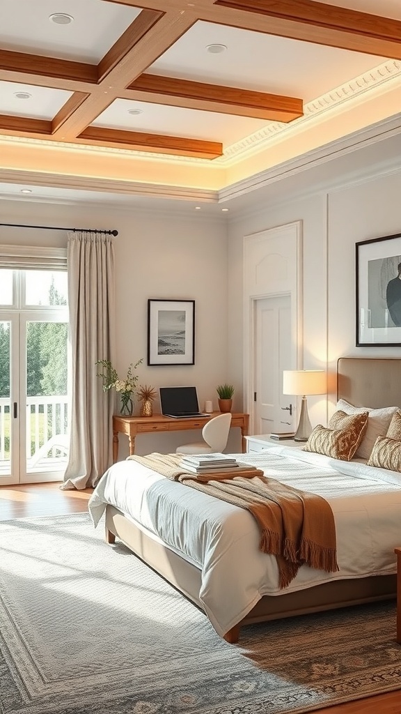 A stylish king bedroom with a desk area, large bed, and warm wood accents.