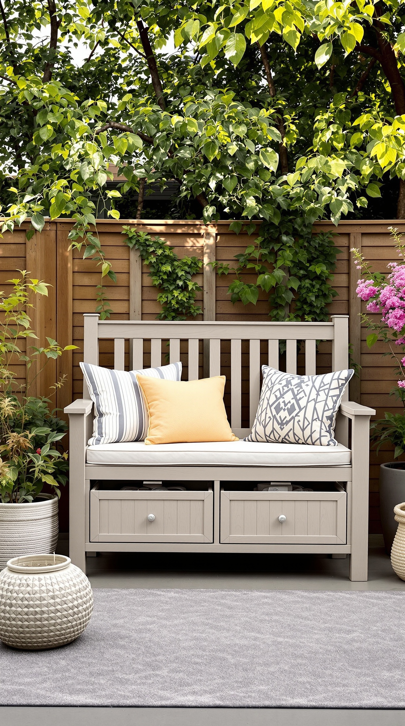 A multi-functional storage bench with cushions and drawers, surrounded by greenery.