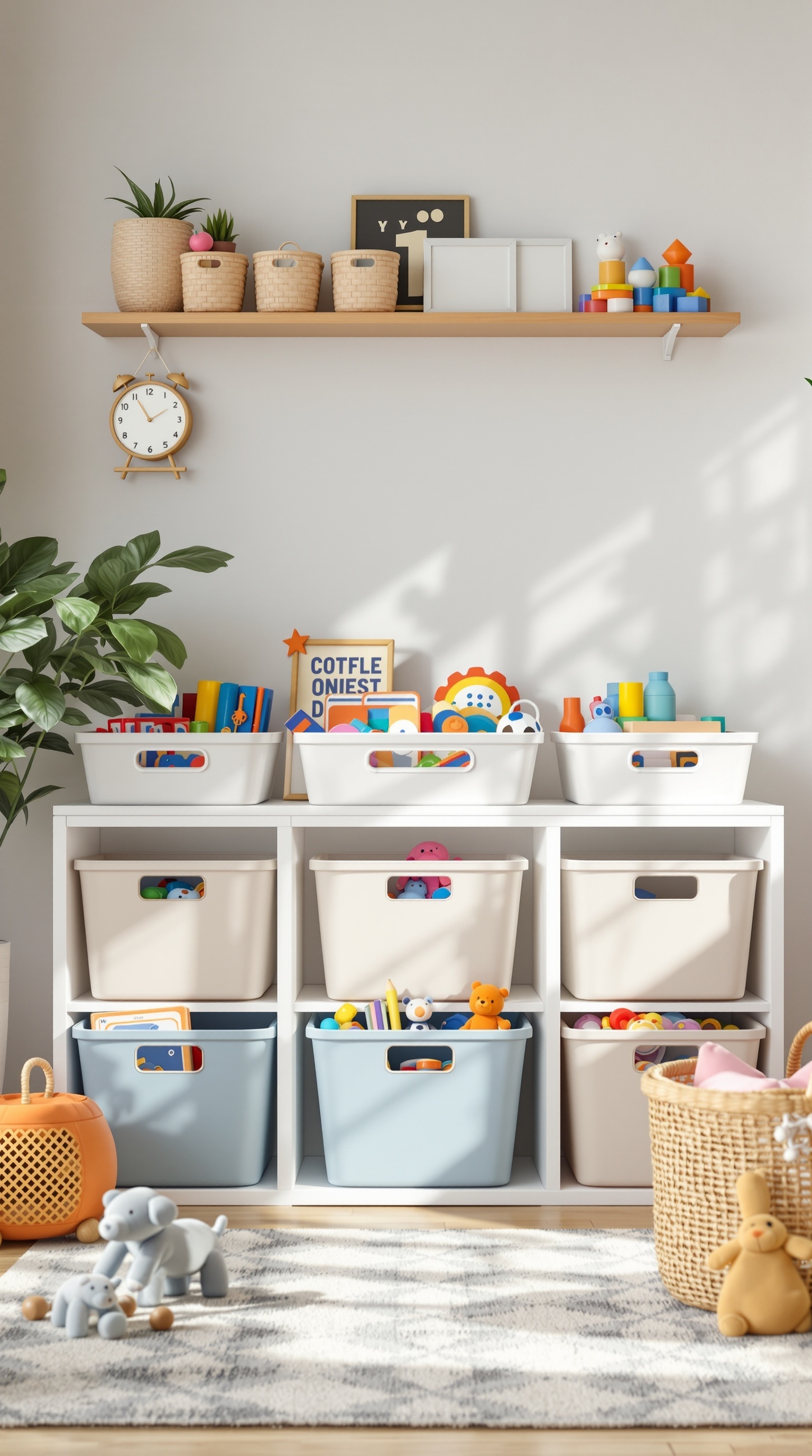 A toy room featuring colorful storage bins and a shelf with toys and plants.