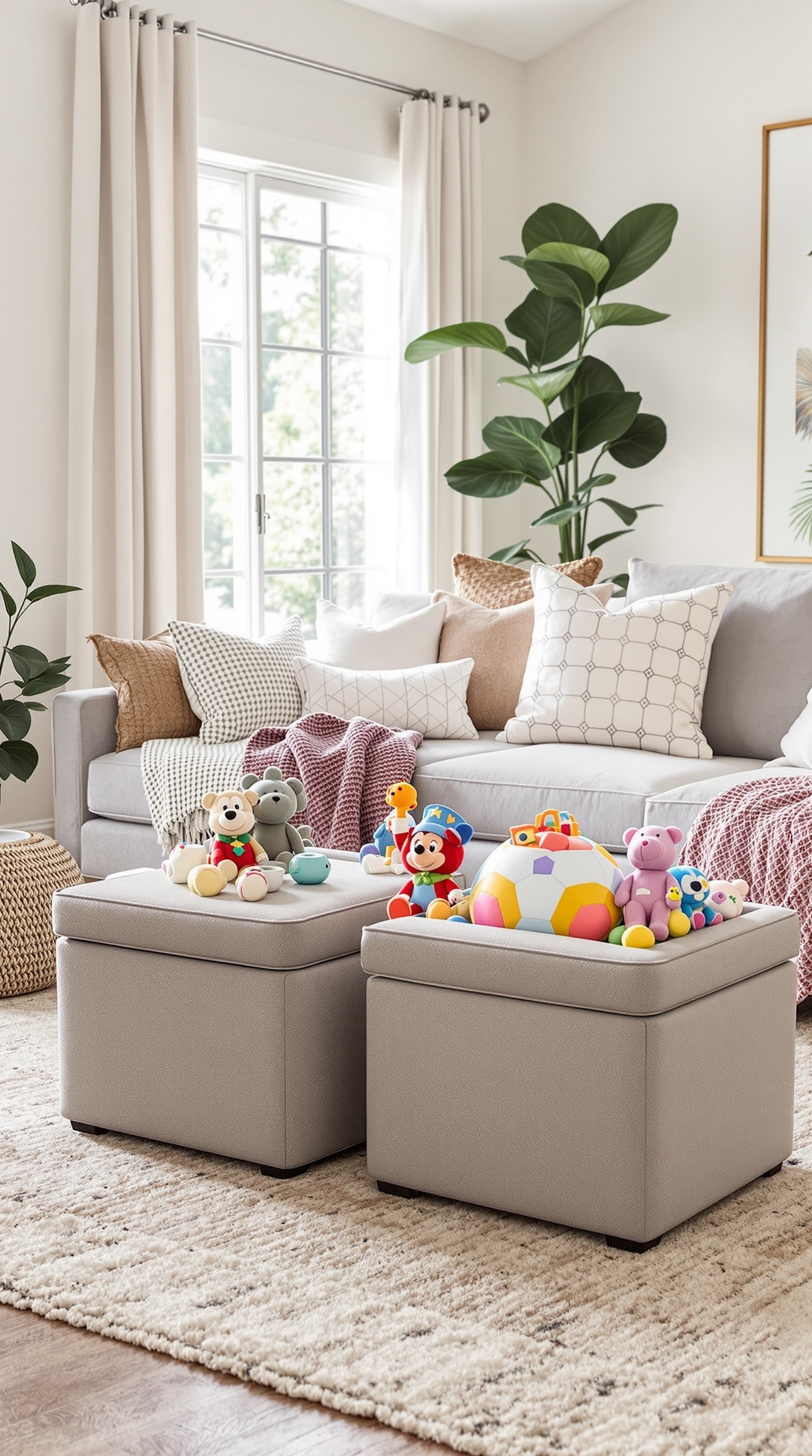 Two storage ottomans filled with colorful toys in a cozy living room setting.