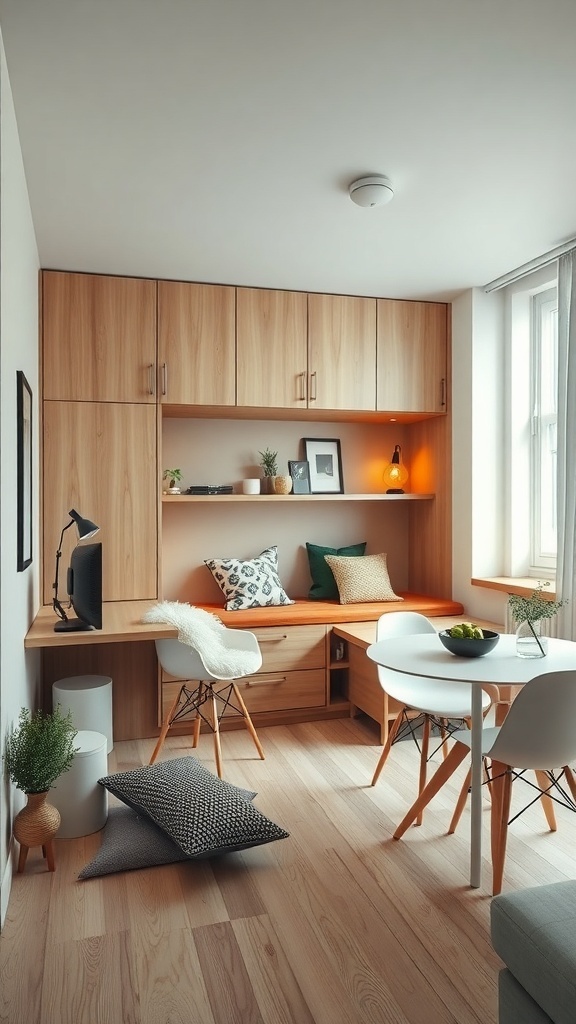 A cozy studio space with wooden cabinetry, a desk, a round dining table, and comfortable seating.