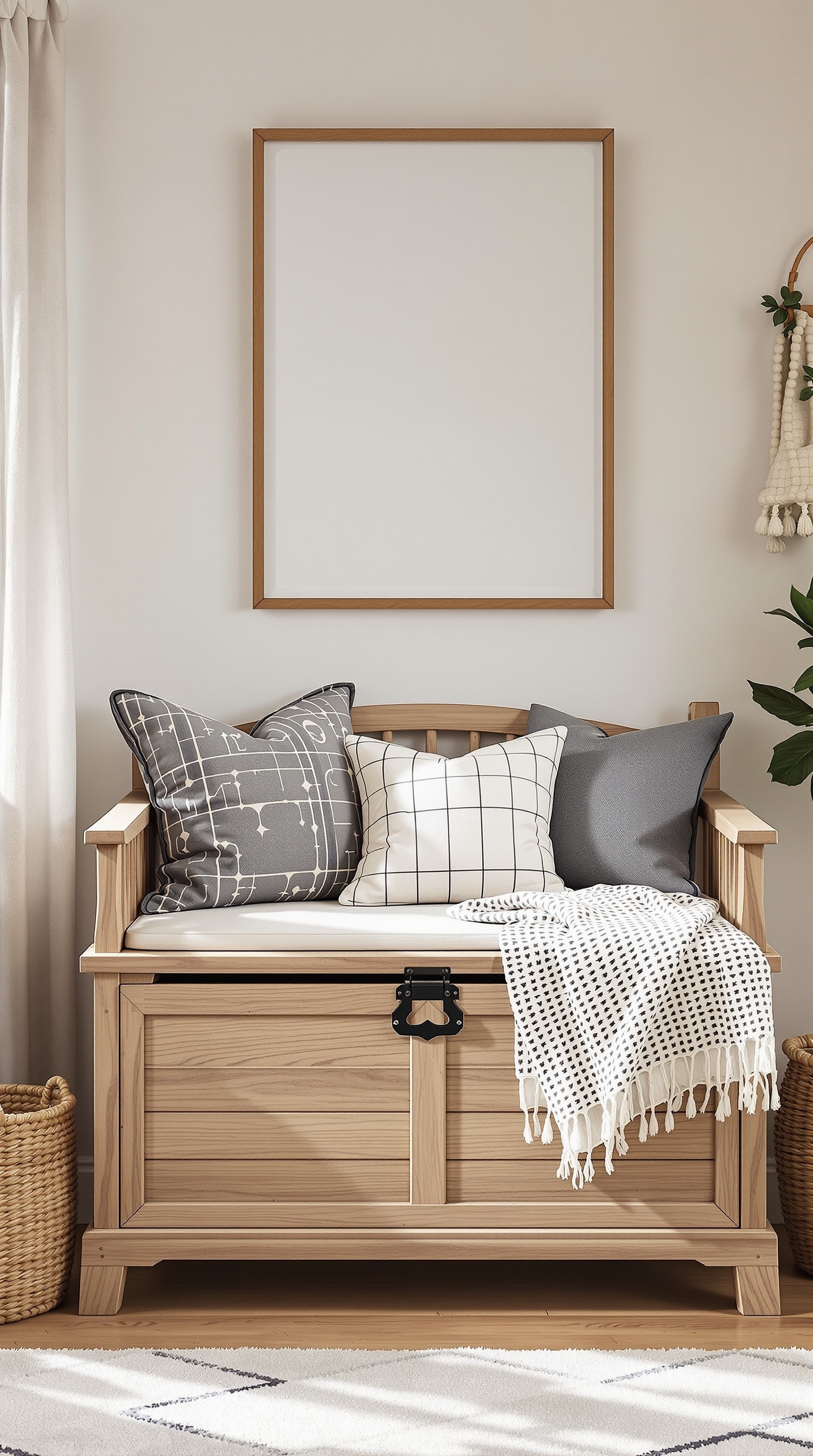 A stylish wooden toy chest with a cushion on top, surrounded by decorative pillows, in a cozy room setting.