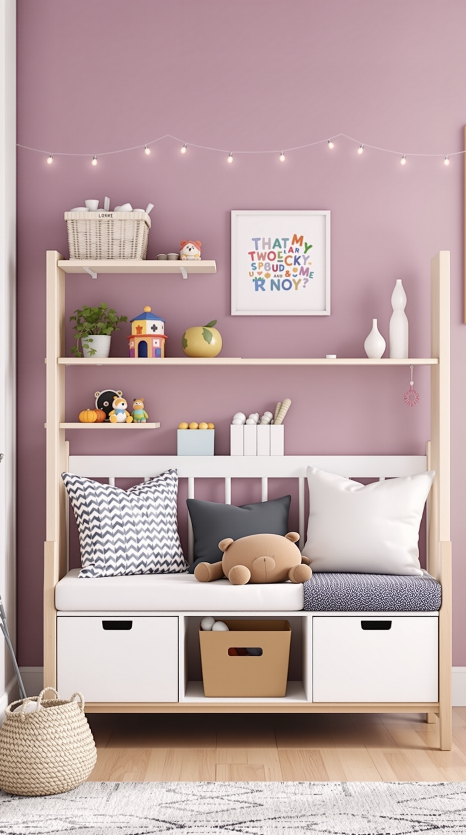 A stylish multi-functional toy shelf with storage and seating, featuring colorful toys and decorative elements.