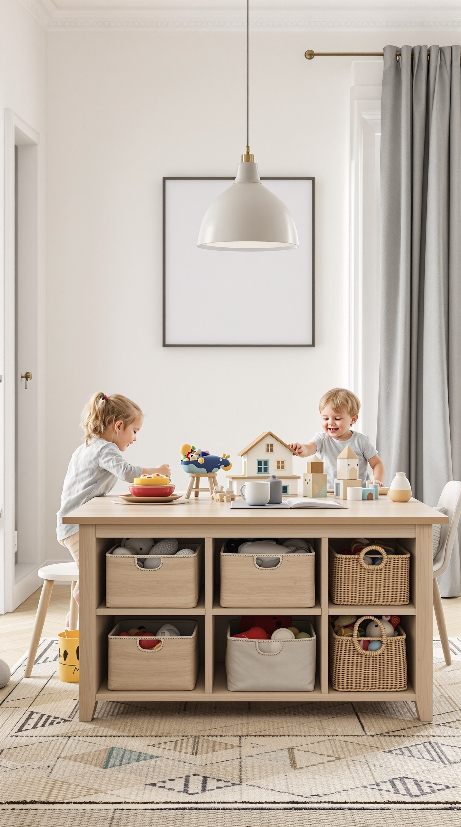 Children playing at a multi-functional toy table with storage baskets