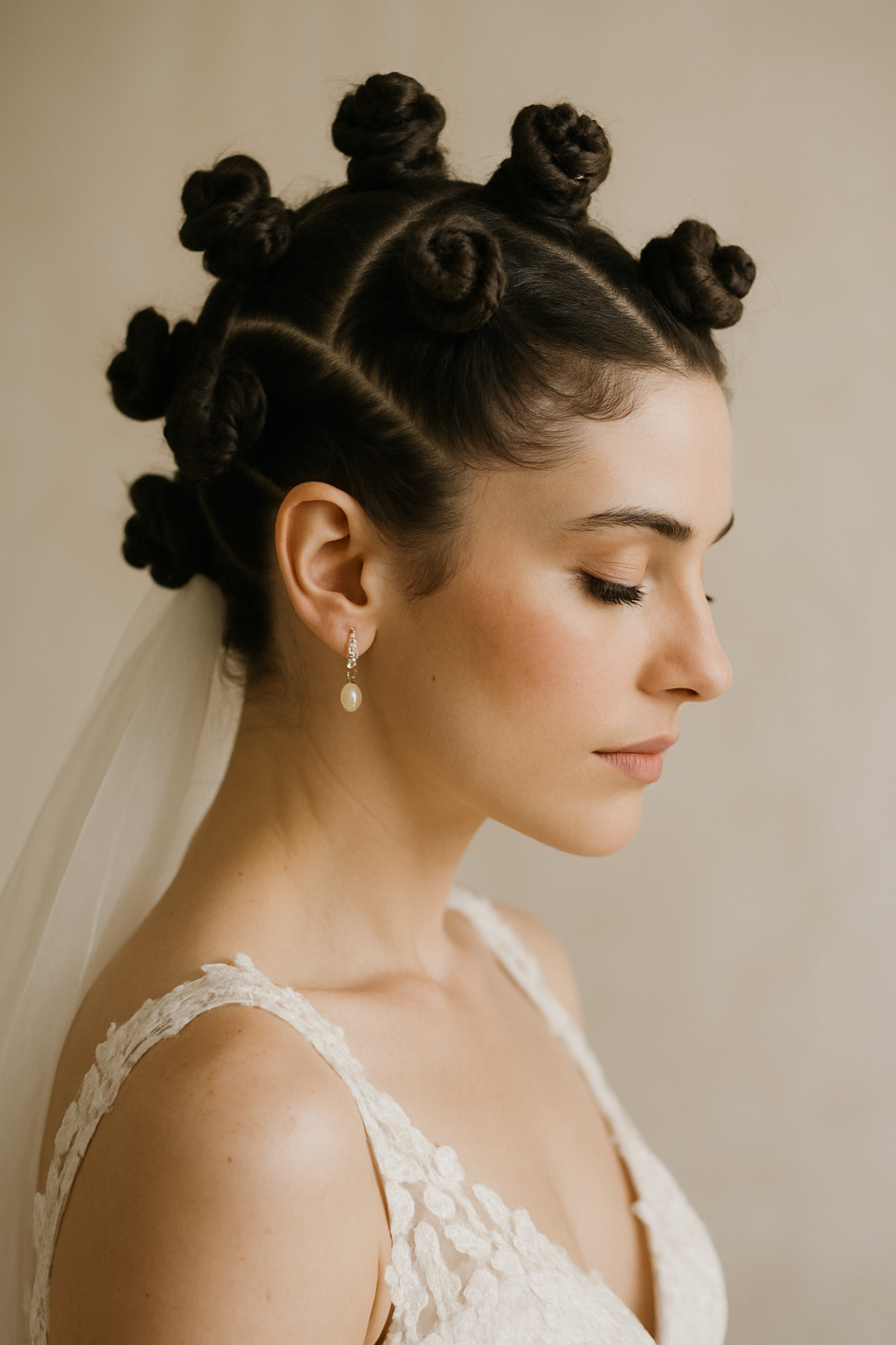 Bride with multi-layered Bantu knots hairstyle, wearing a wedding dress and earrings.