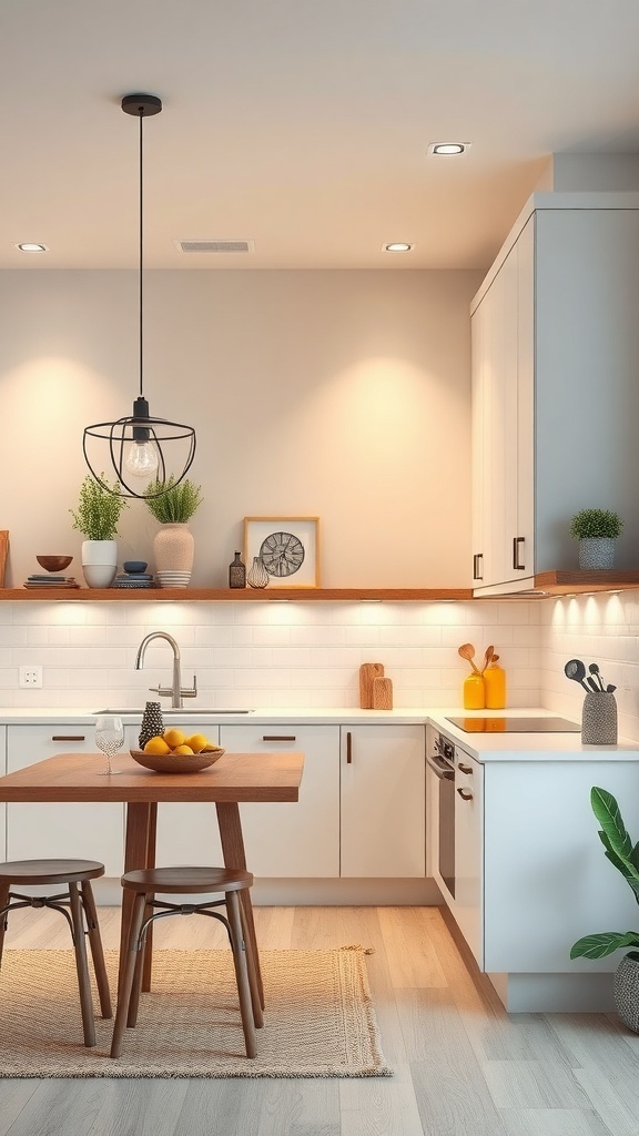 A modern kitchen featuring multi-layered lighting with a pendant light, recessed lights, and under-cabinet illumination.