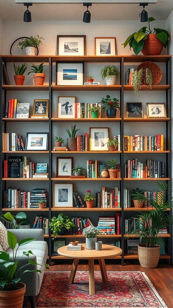A multi-level shelf displaying books, plants, and framed photos in a cozy living room setting.