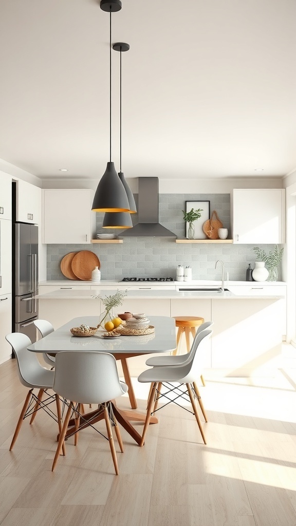 A modern kitchen with a round dining table, stylish chairs, and open shelving.