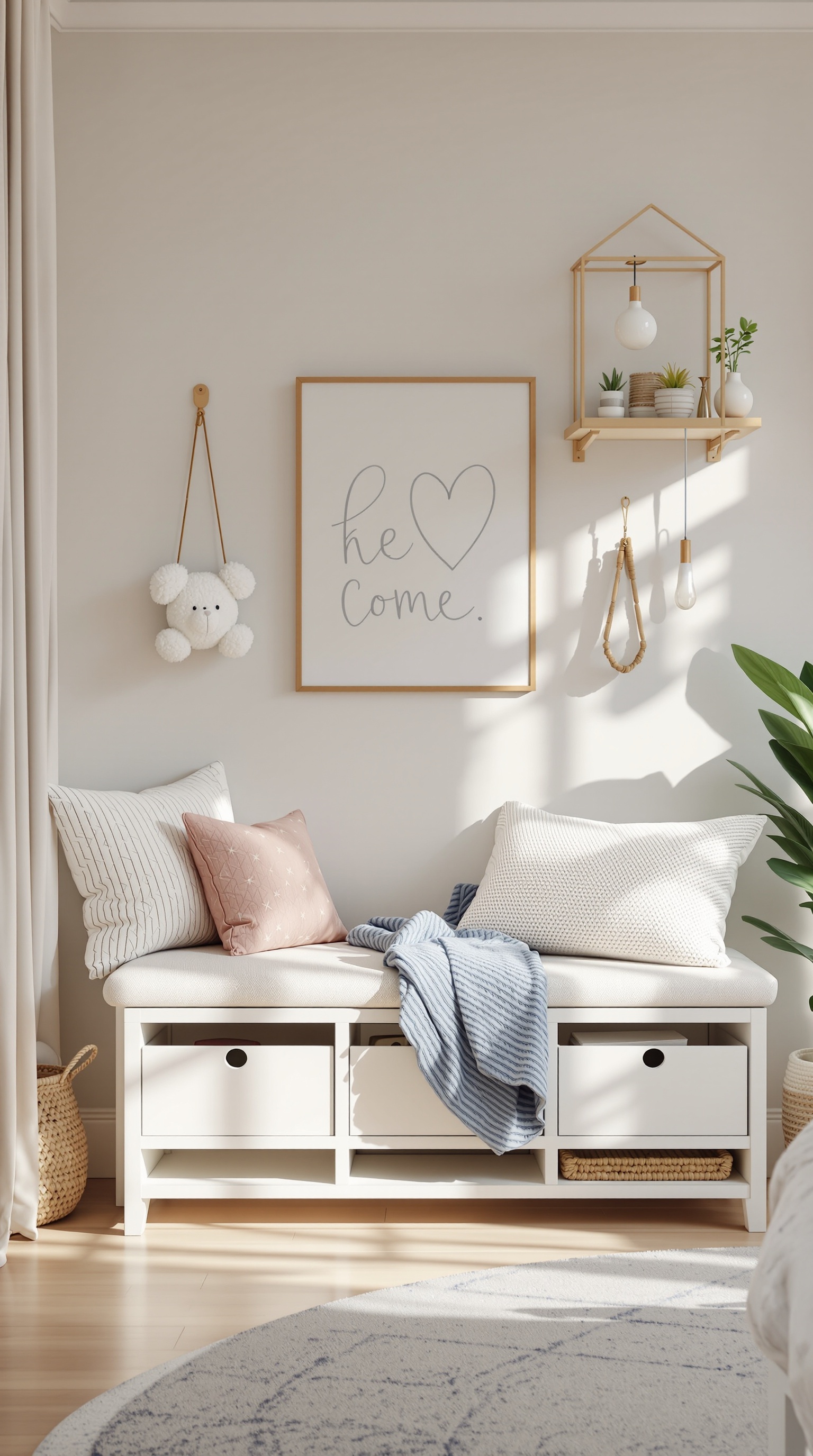 A cozy toddler room featuring a bench with storage, decorative pillows, and a wall shelf.