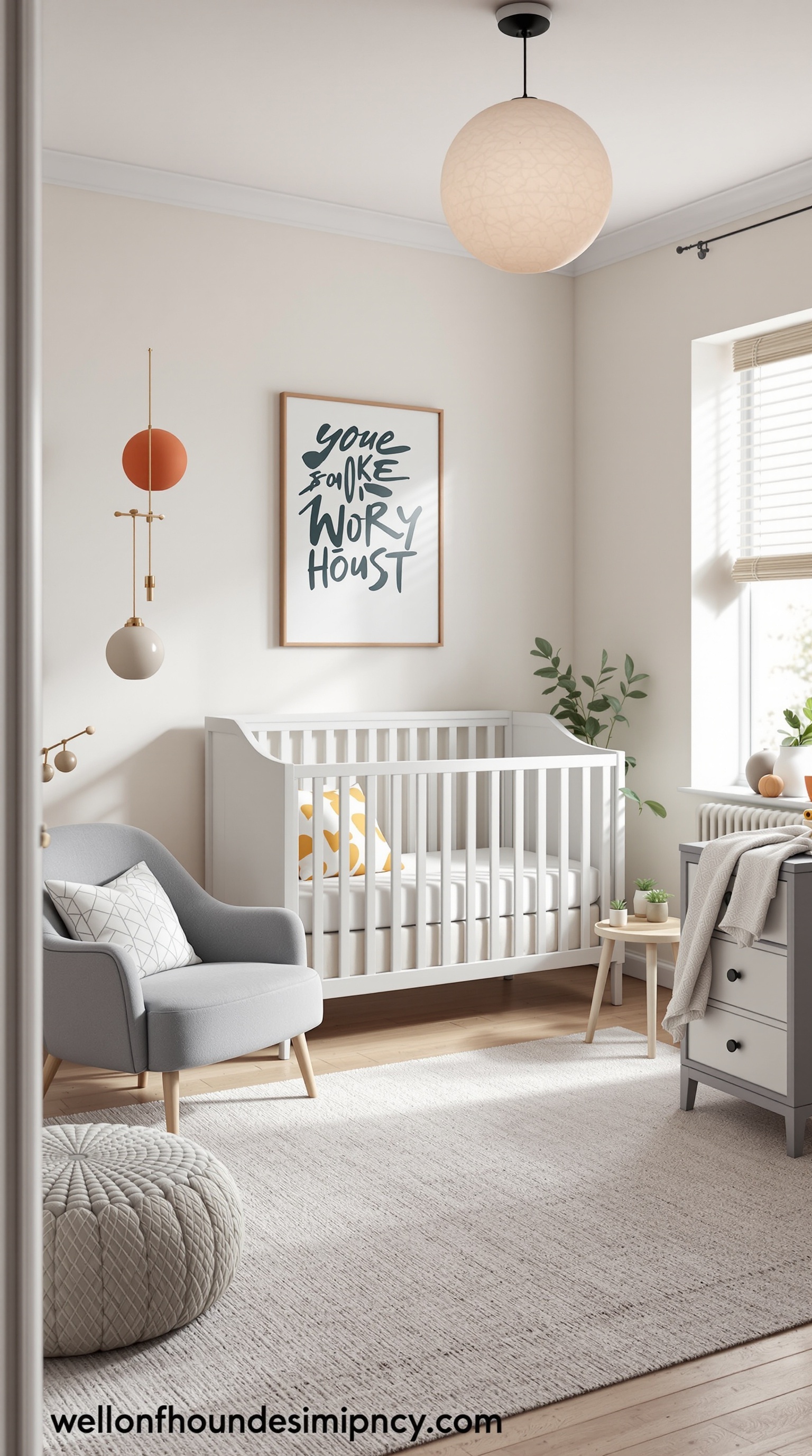A stylish unisex baby room featuring a crib, cozy chair, and multi-use furniture.
