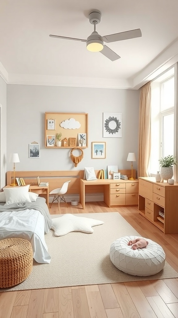 A stylish children's bedroom featuring multifunctional furniture, including a low bed, a desk, and a woven ottoman.