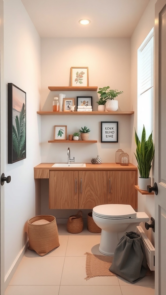 A small bathroom featuring wooden multifunctional shelves above a sink, decorated with plants and framed pictures.