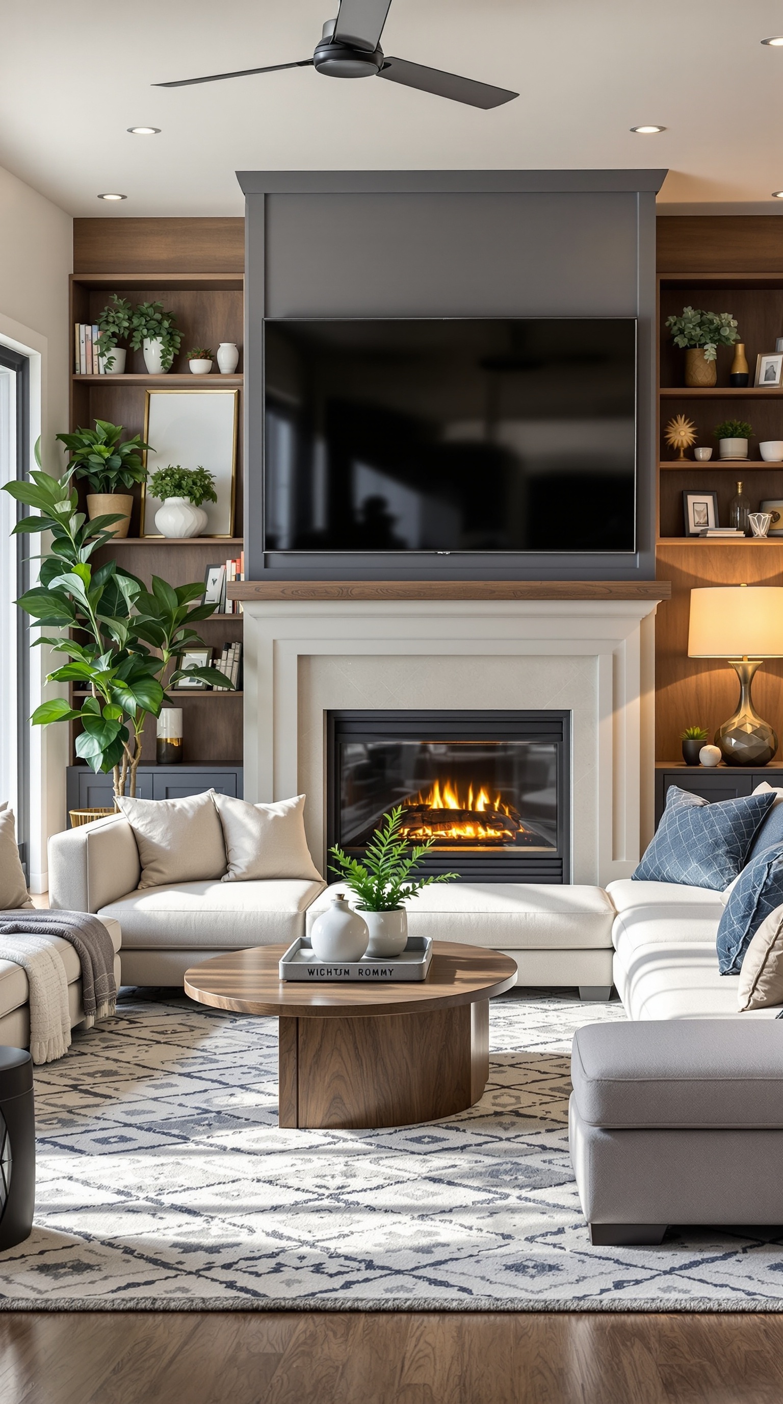 A modern family room featuring a sectional sofa, a fireplace, a coffee table, and plants, designed for various activities.
