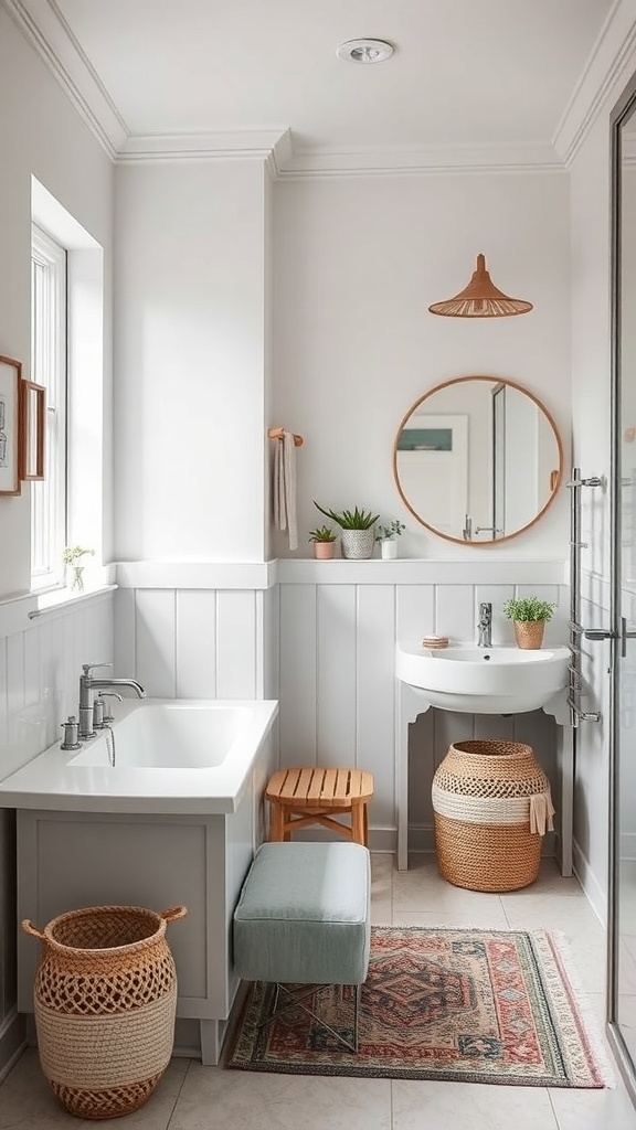 A stylish small bathroom featuring multipurpose furniture like a stool and woven baskets for storage.