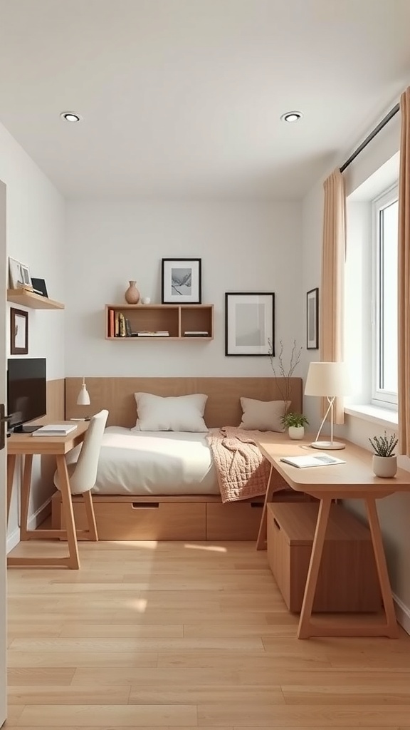 A small guest bedroom featuring a bed with storage, a desk, and floating shelves.