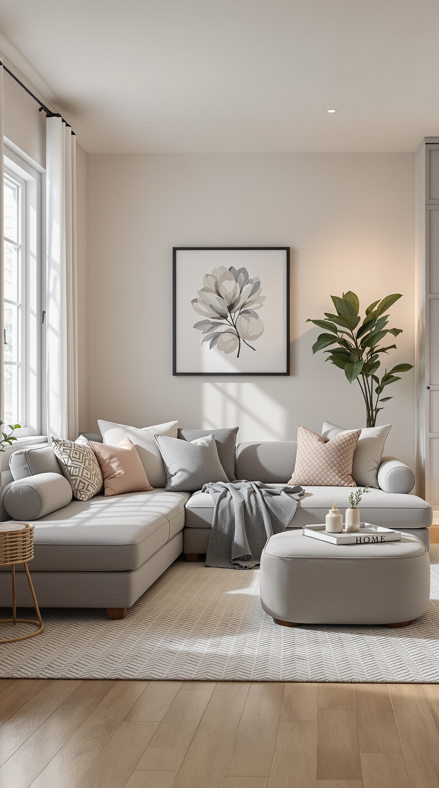 Cozy small family room with a sectional sofa, round ottoman, and decorative elements.