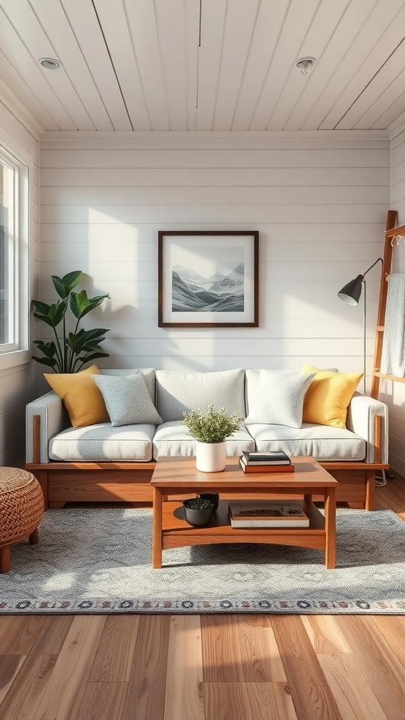 Cozy living area in a tiny house with a sofa, coffee table, and plants.