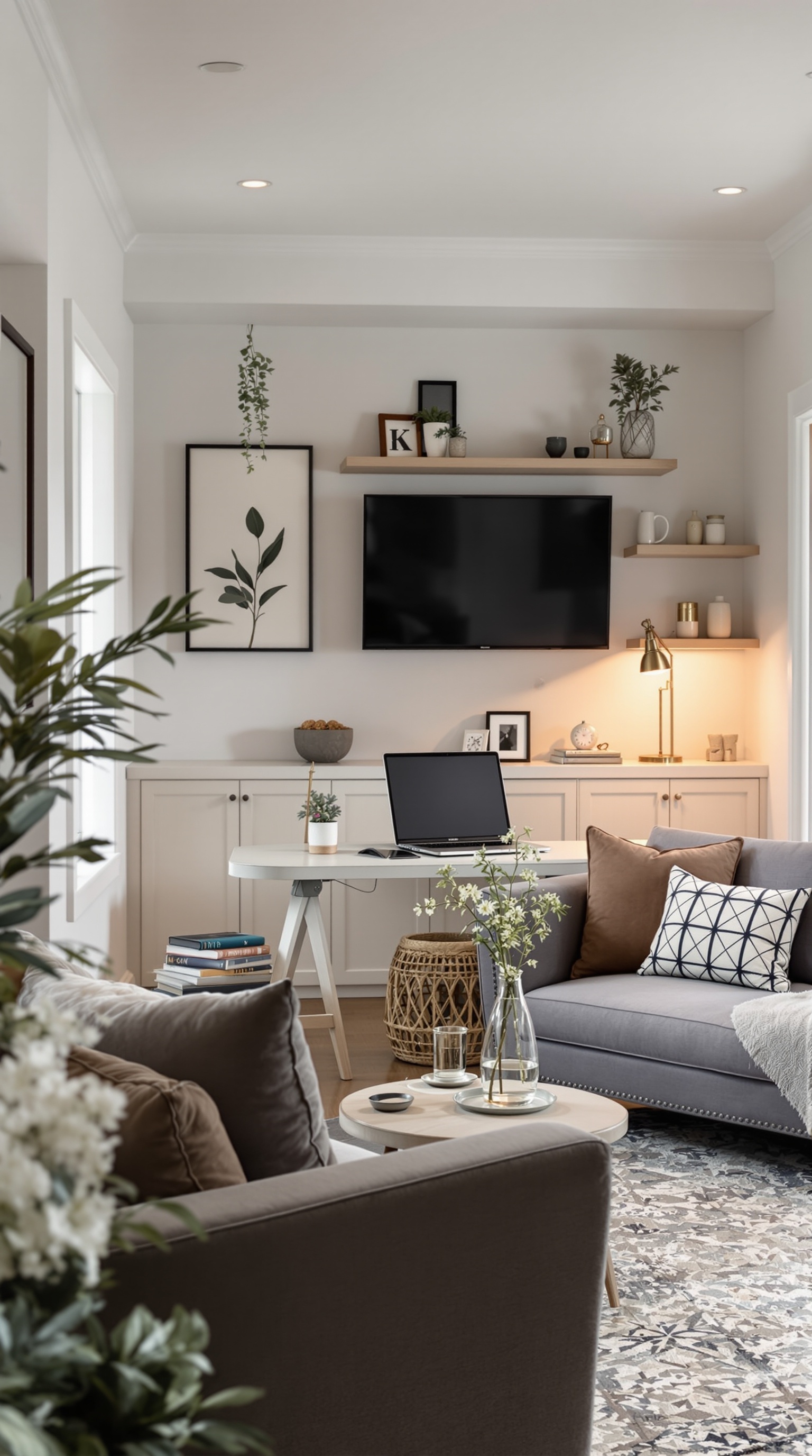 Cozy basement family room with a sofa, desk, and decorative elements.