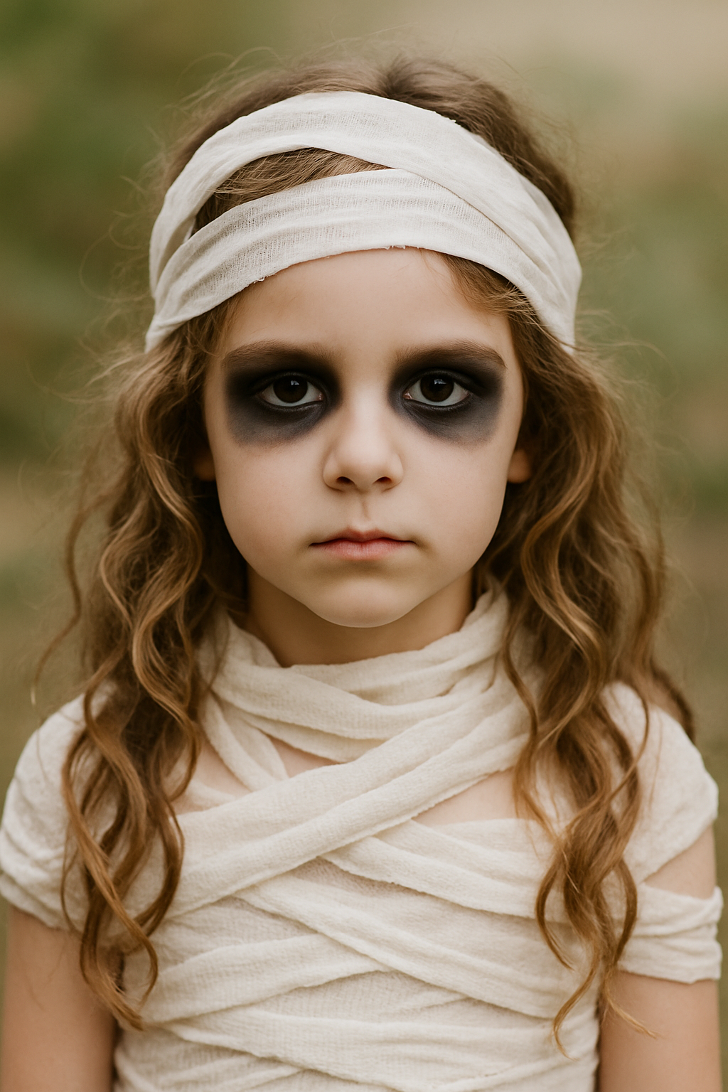 A child dressed as a mummy with curly hair wrapped in white fabric and dark eye makeup.