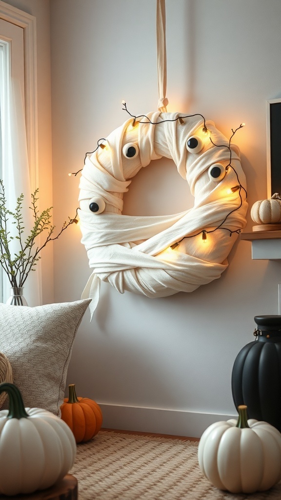 A mummy wrap wreath made of white fabric with googly eyes and string lights, hanging on a wall.