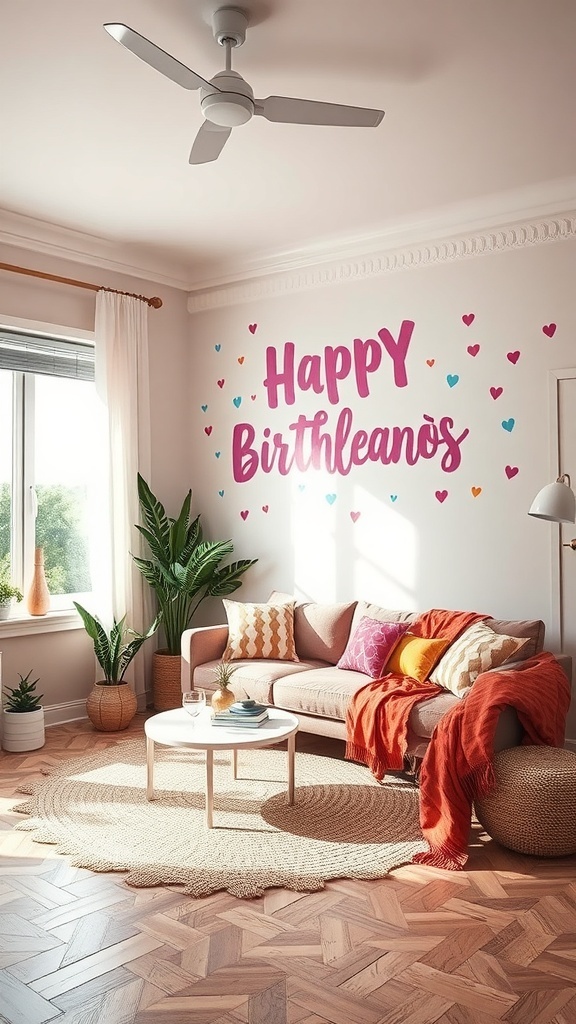 Mural de cumpleaños pintado a mano en una habitación con decoración acogedora
