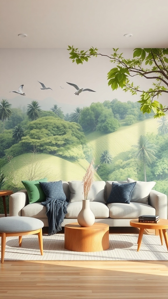 A cozy living room with a nature mural featuring rolling hills and birds, complemented by a light sofa and wooden furniture.