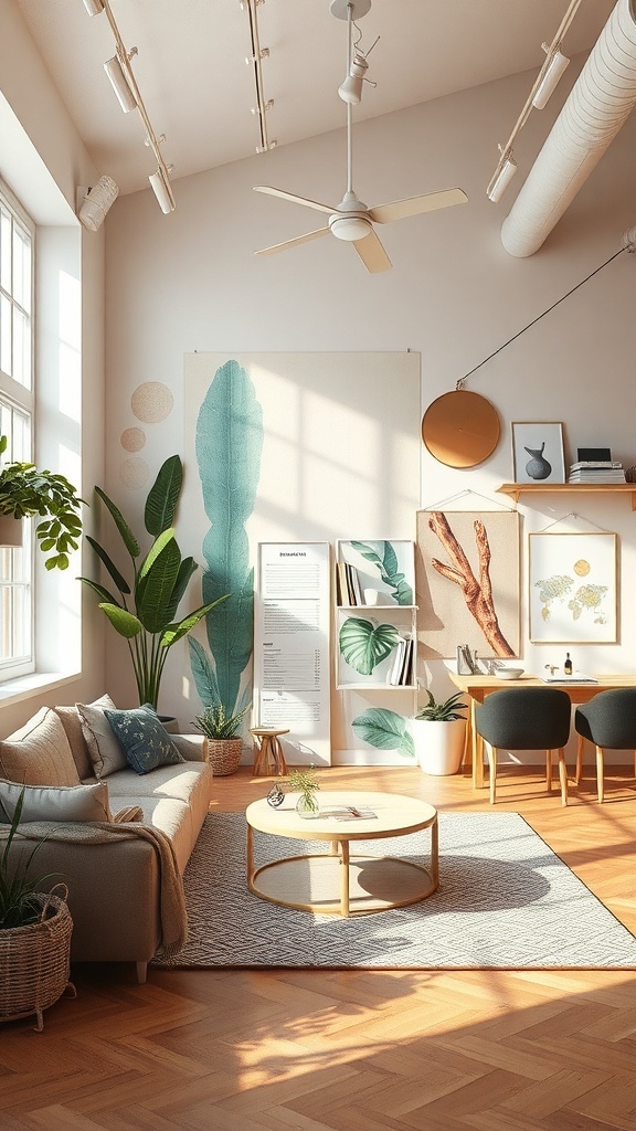 A cozy living room with a mural of large leaves on the wall, complemented by framed art and plants.