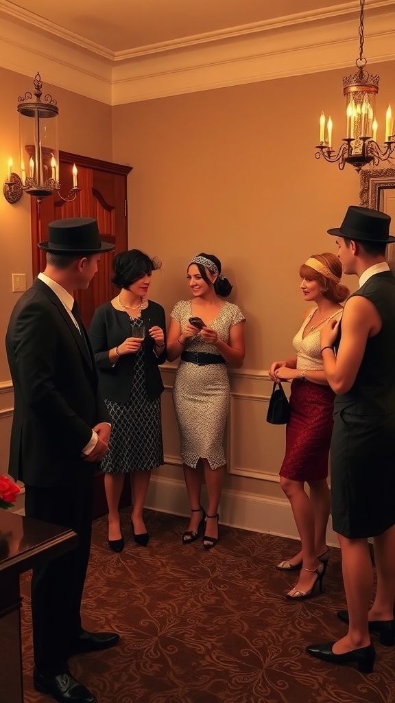 A group of five people dressed in 1920s fashion enjoying a murder mystery bridal shower
