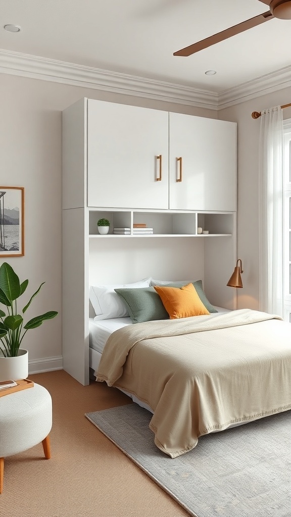 A modern Murphy bed in a stylish guest room, showcasing a clean design with neutral colors.