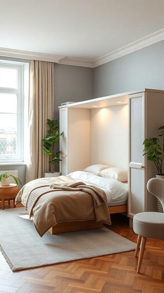 A small bedroom featuring a Murphy bed tucked away against the wall, with a cozy blanket and soft lighting.