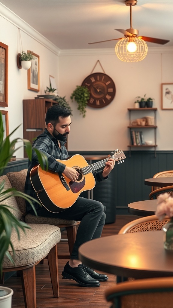 A musician playing acoustic guitar in a cozy cafe setting.