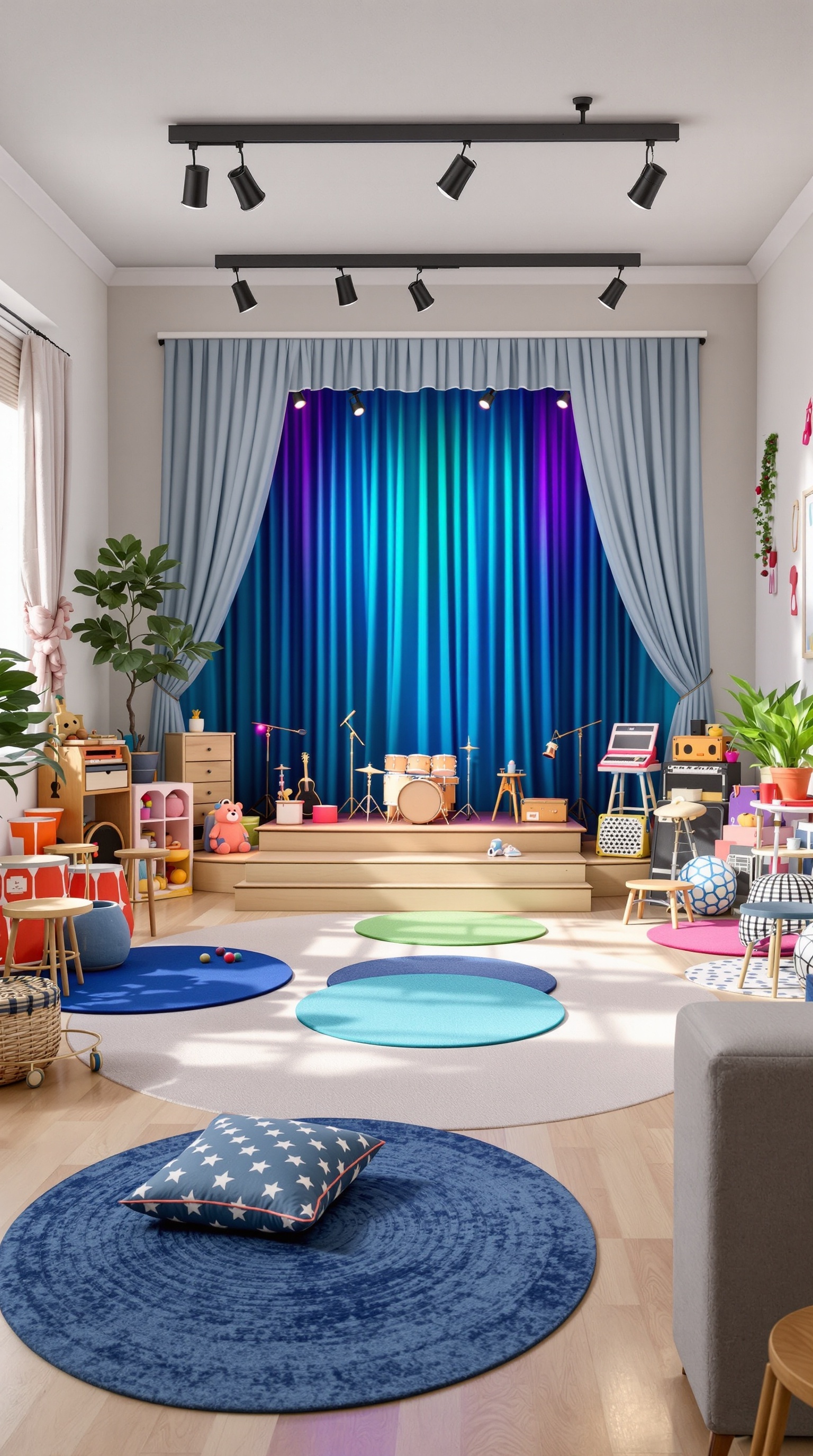 A colorful kids' music and dance area with instruments, rugs, and a stage.