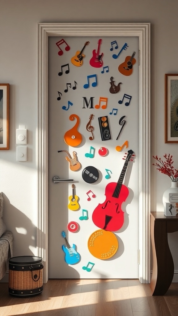A door decorated with colorful musical notes and instruments, creating a vibrant and inviting atmosphere.