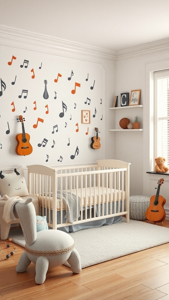 A nursery featuring a crib with a musical theme, including music notes on the wall and guitars.