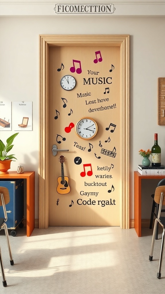 A classroom door decorated with musical notes, instruments, and fun phrases.