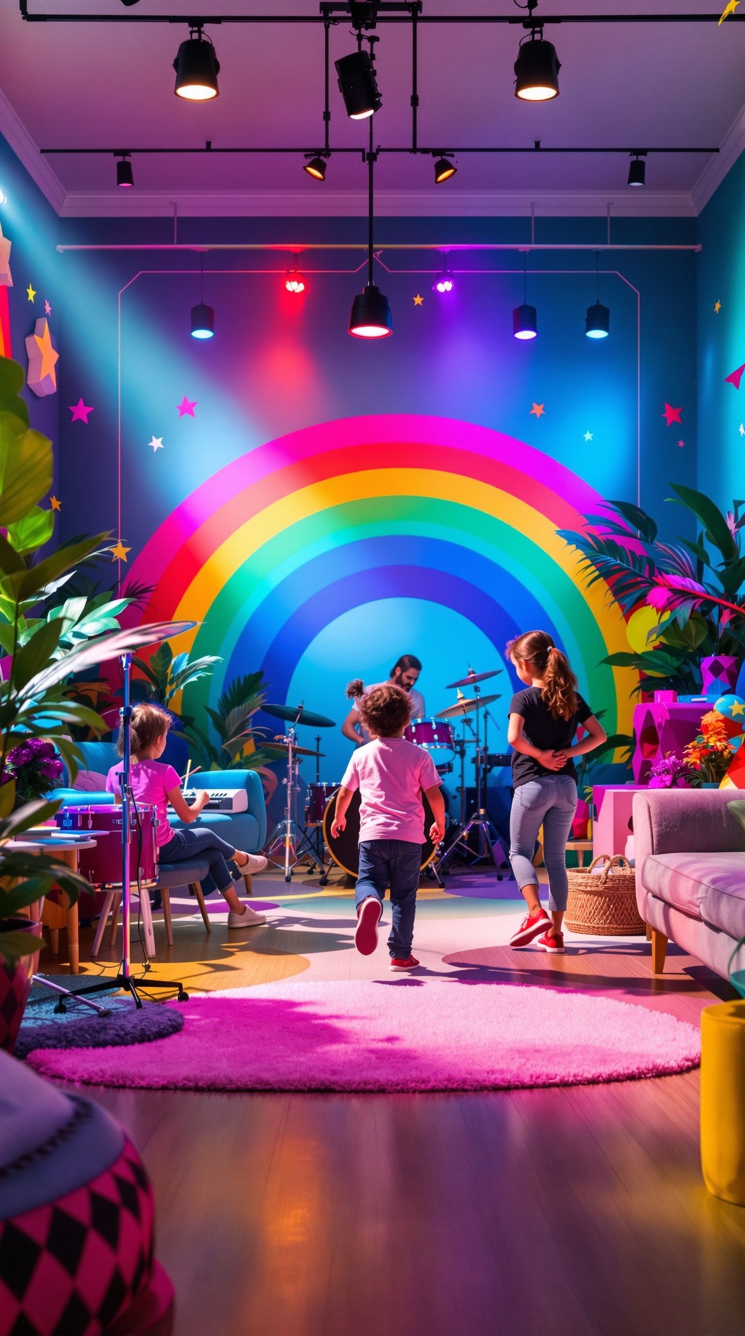 Children playing musical instruments in a colorful room with a rainbow mural.