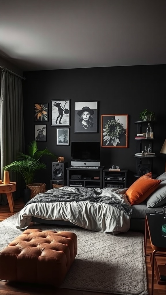 A dark teen bedroom with a cozy atmosphere, featuring a sound system, artwork, and soft lighting.