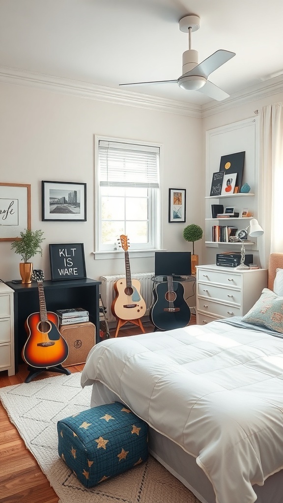 A cozy pre-teen bedroom with a music corner featuring guitars and music-themed decor.