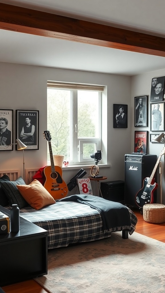 A boy's bedroom designed for a music lover, featuring guitars, music posters, and a cozy bed.