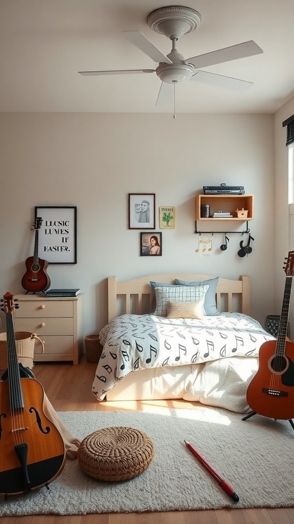 A cozy bedroom designed for a music lover, featuring guitars, musical decor, and a comfortable bed.