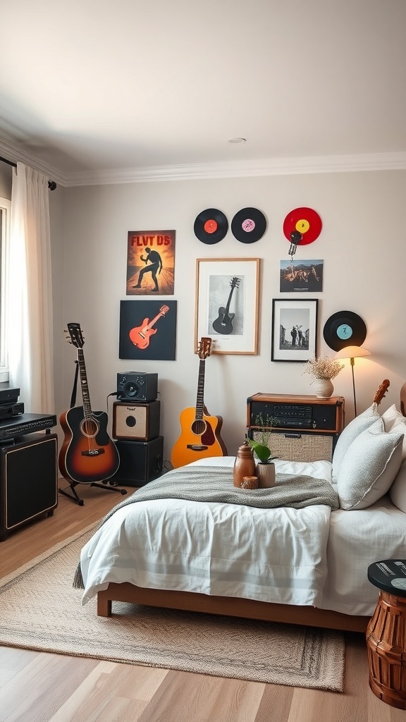 A cozy bedroom with guitars, vinyl records on the wall, and warm lighting, creating a music lover's retreat.