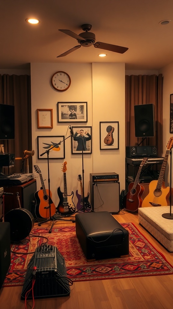 A cozy music room filled with various instruments and soundproofing elements.