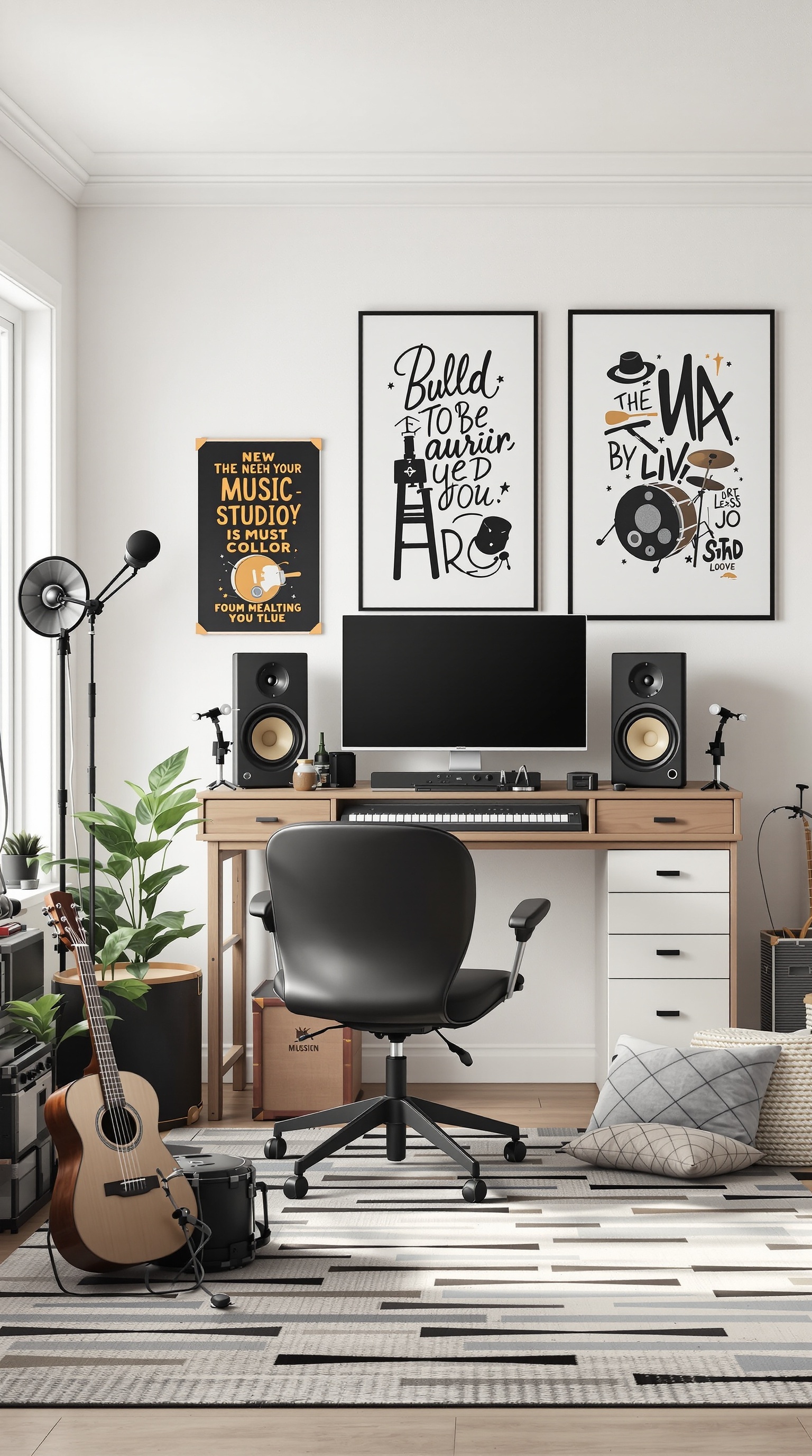 A stylish kids' room designed as a music studio, featuring a desk with sound equipment, posters on the walls, a guitar on the floor, and plants.