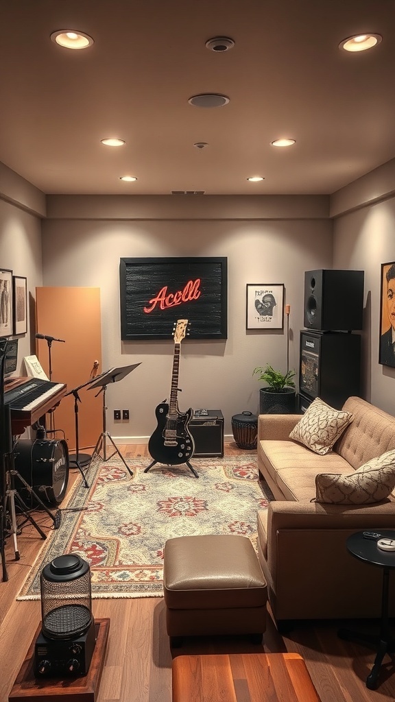 Cozy basement music studio featuring instruments, soundproofing, and warm lighting.