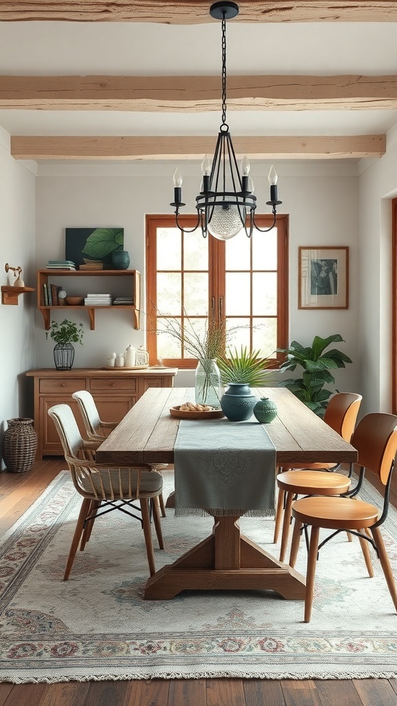 A rustic dining area featuring a wooden table, muted jewel tones, and natural decor.