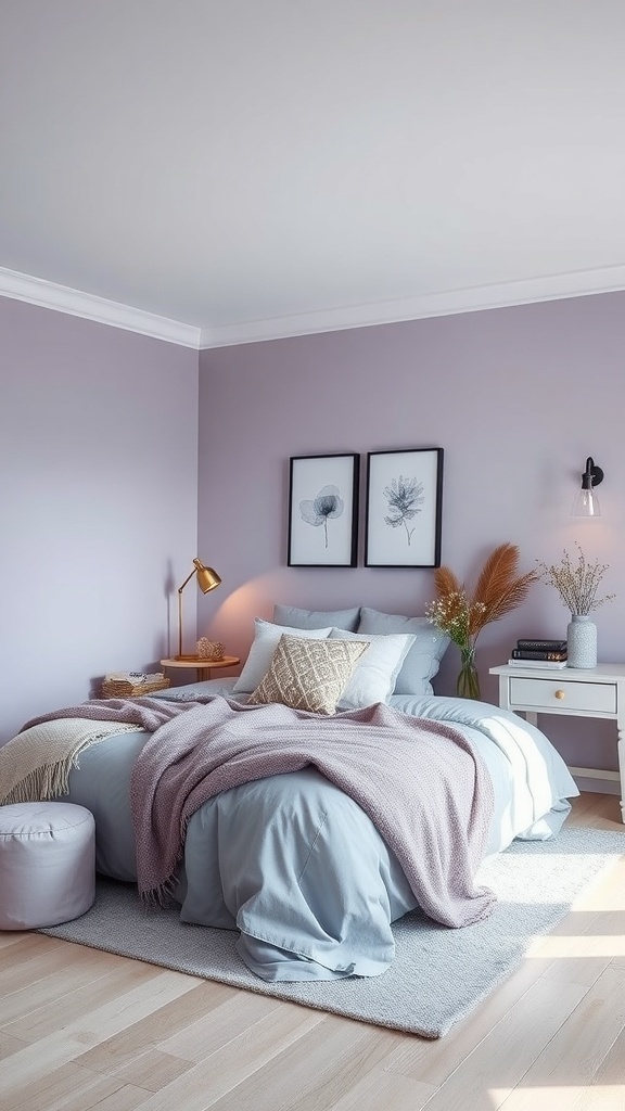 A cozy bedroom featuring muted lavender walls, gray bedding, and soft decorative elements.